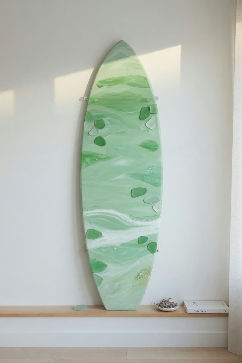 Surfboard panel wall art in soft sea glass green tones