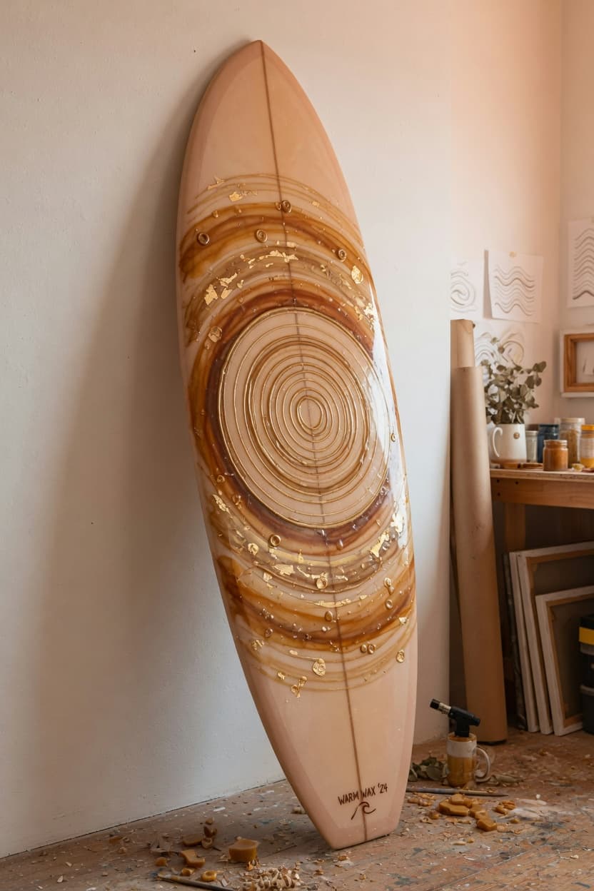 Surfboard wall piece showing warm sealed surface and wax history