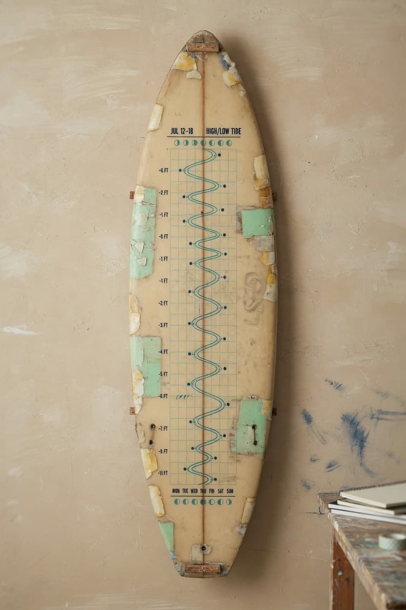 Rejoined shortboard wall piece with tide-chart line painting