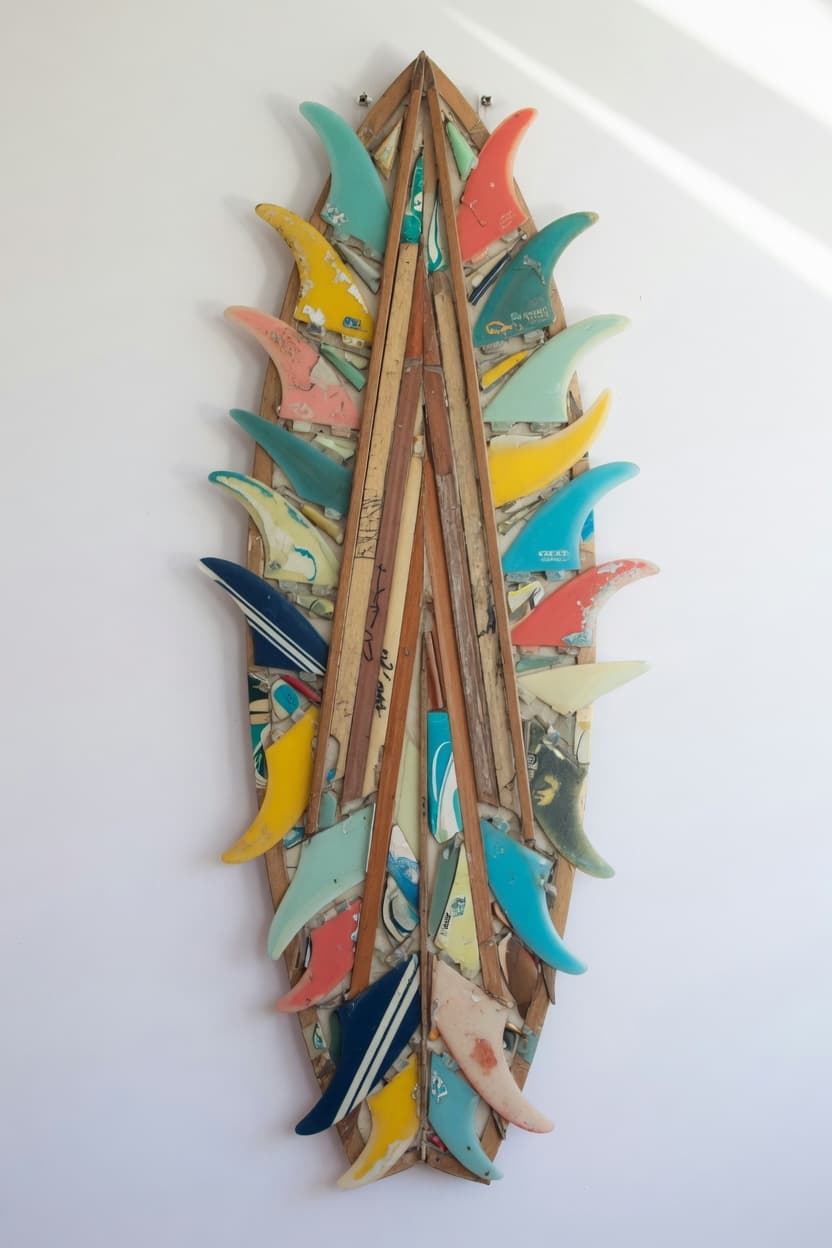 Wall panel of reclaimed surfboard fins and stringers as coastal craft art