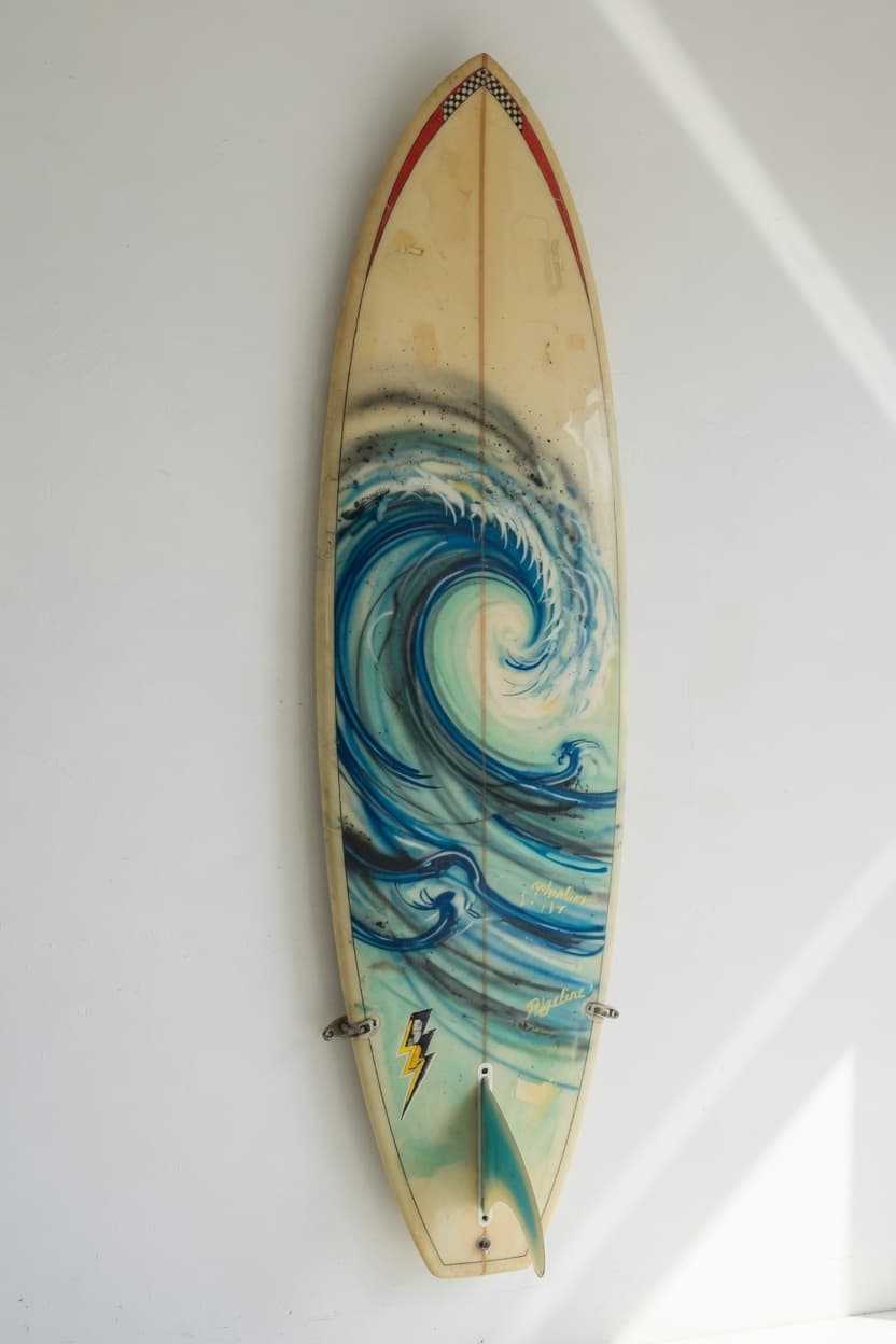 Vintage single-fin wall art with restored airbrush wave tones