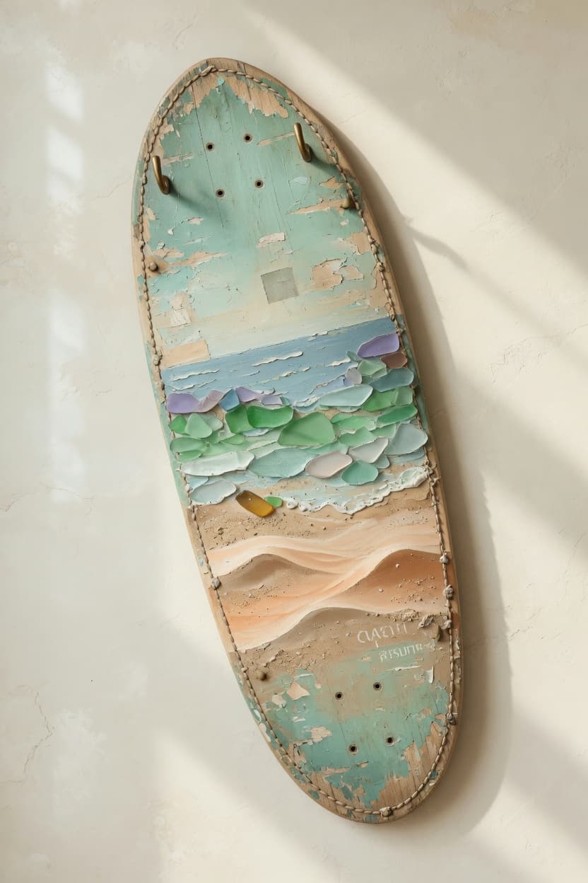Surfboard wall art in warm coastal tones (sold gallery piece)