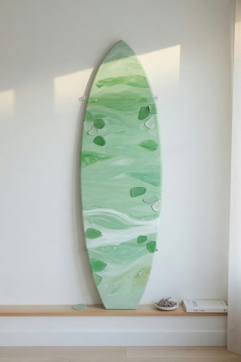 Surfboard panel wall art in soft sea glass green tones
