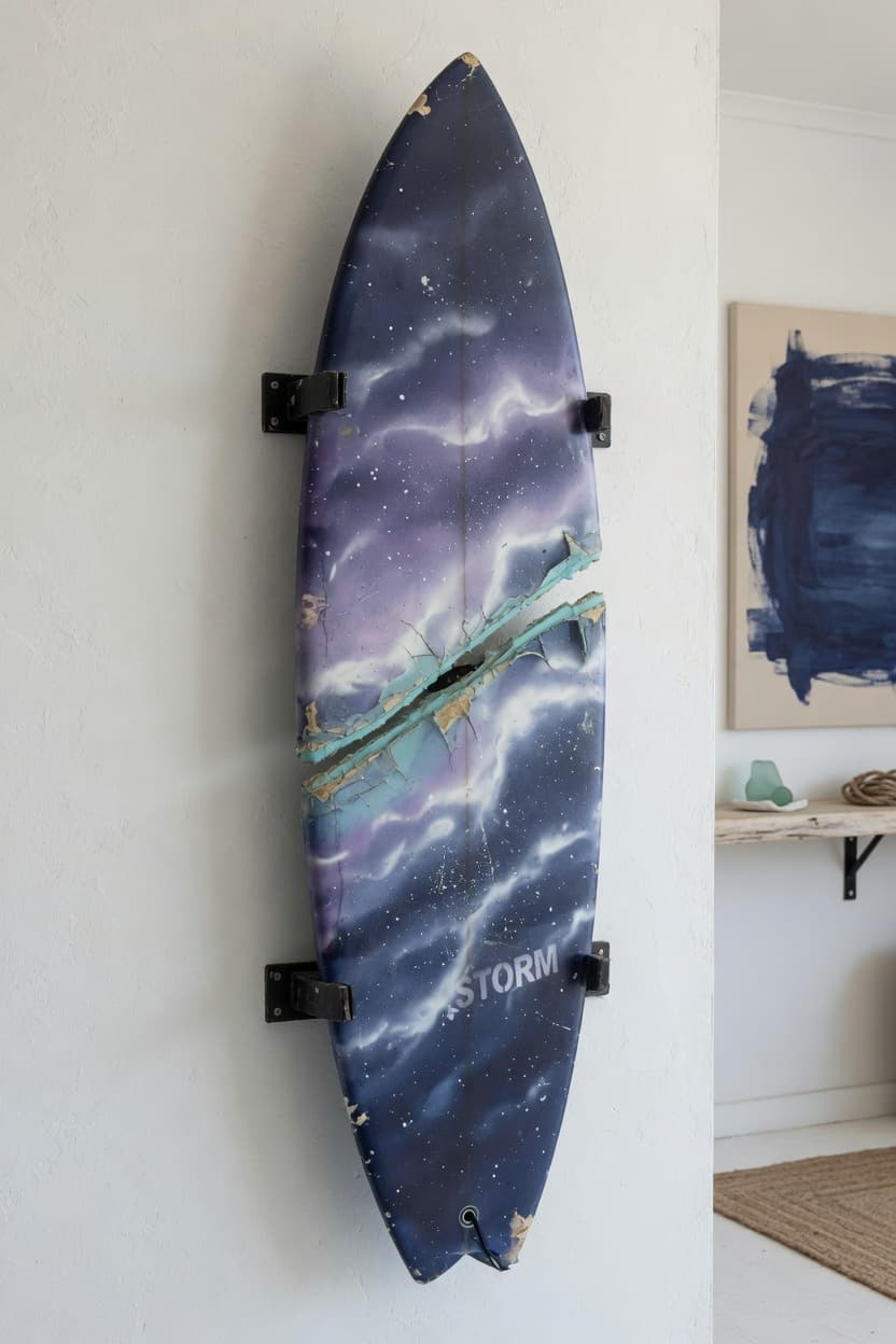 Rejoined surfboard wall art with indigo storm paint and visible seam