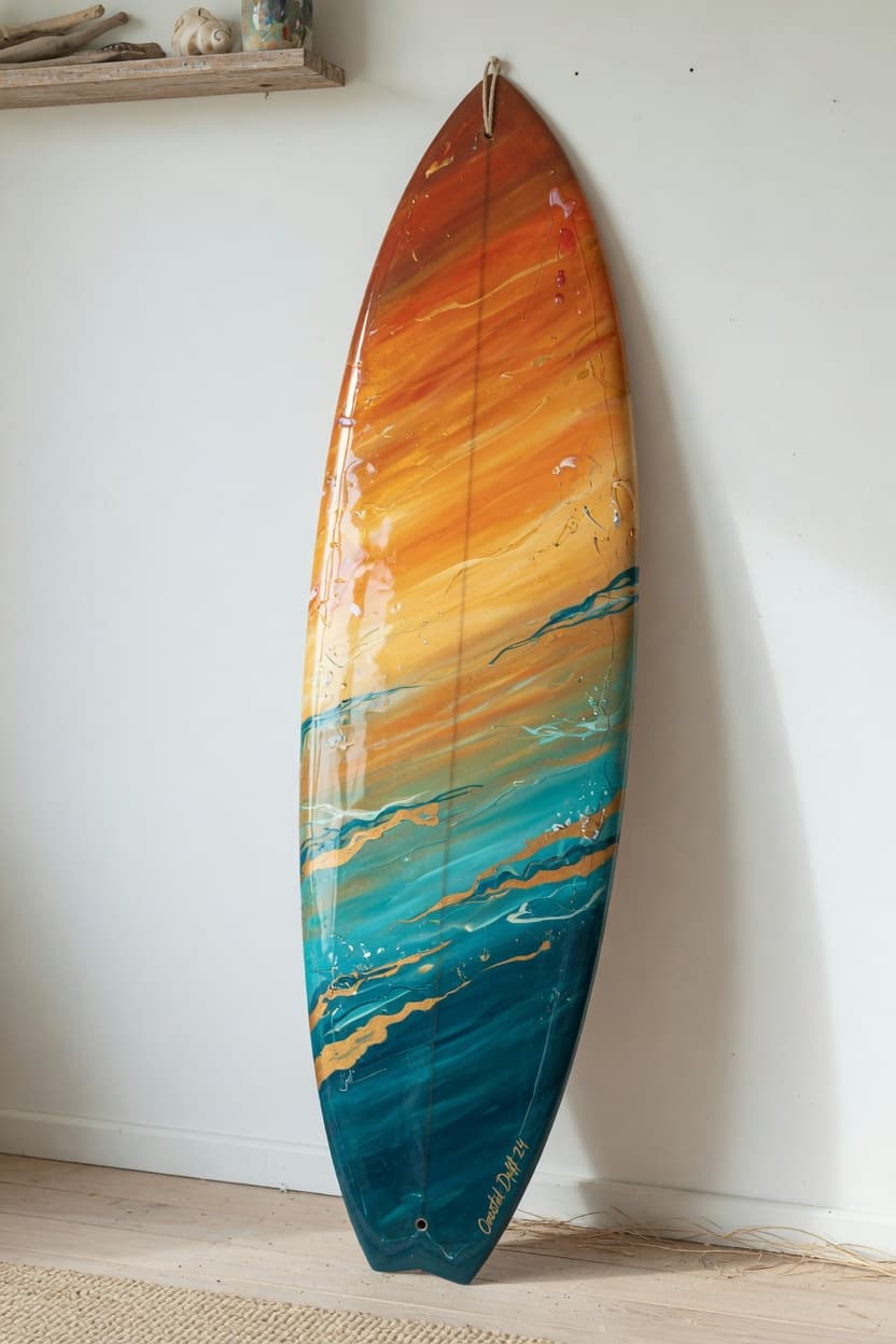 Longboard wall piece with a resin sunset finish leaning against a white wall