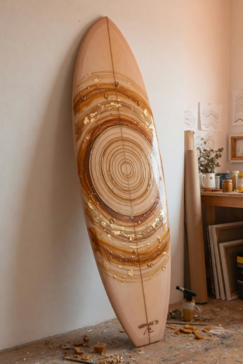 Surfboard wall piece showing warm sealed surface and wax history