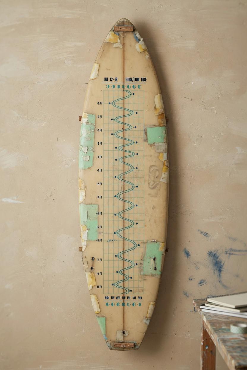 Rejoined shortboard wall piece with tide-chart line painting